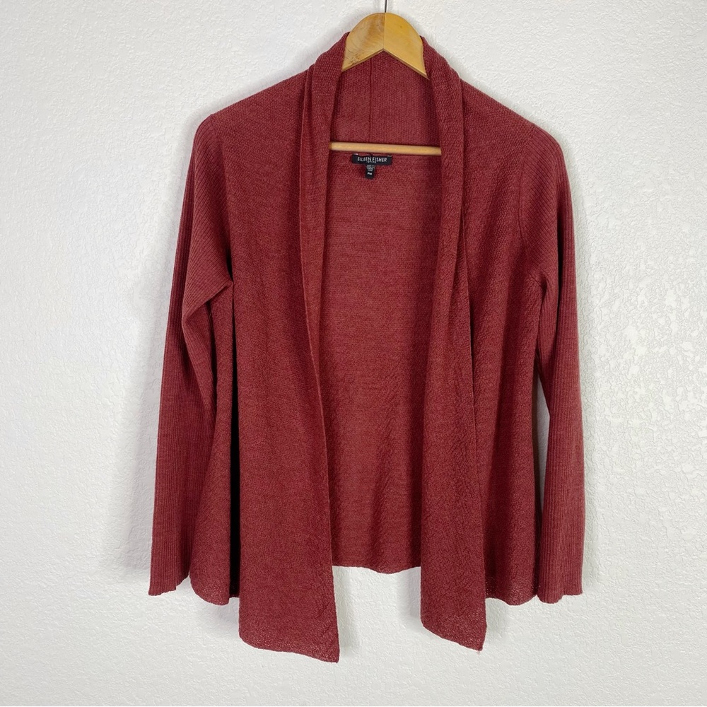 Eileen Fisher Petite Muted Red 100% Wool Open Front Cardigan Sweater